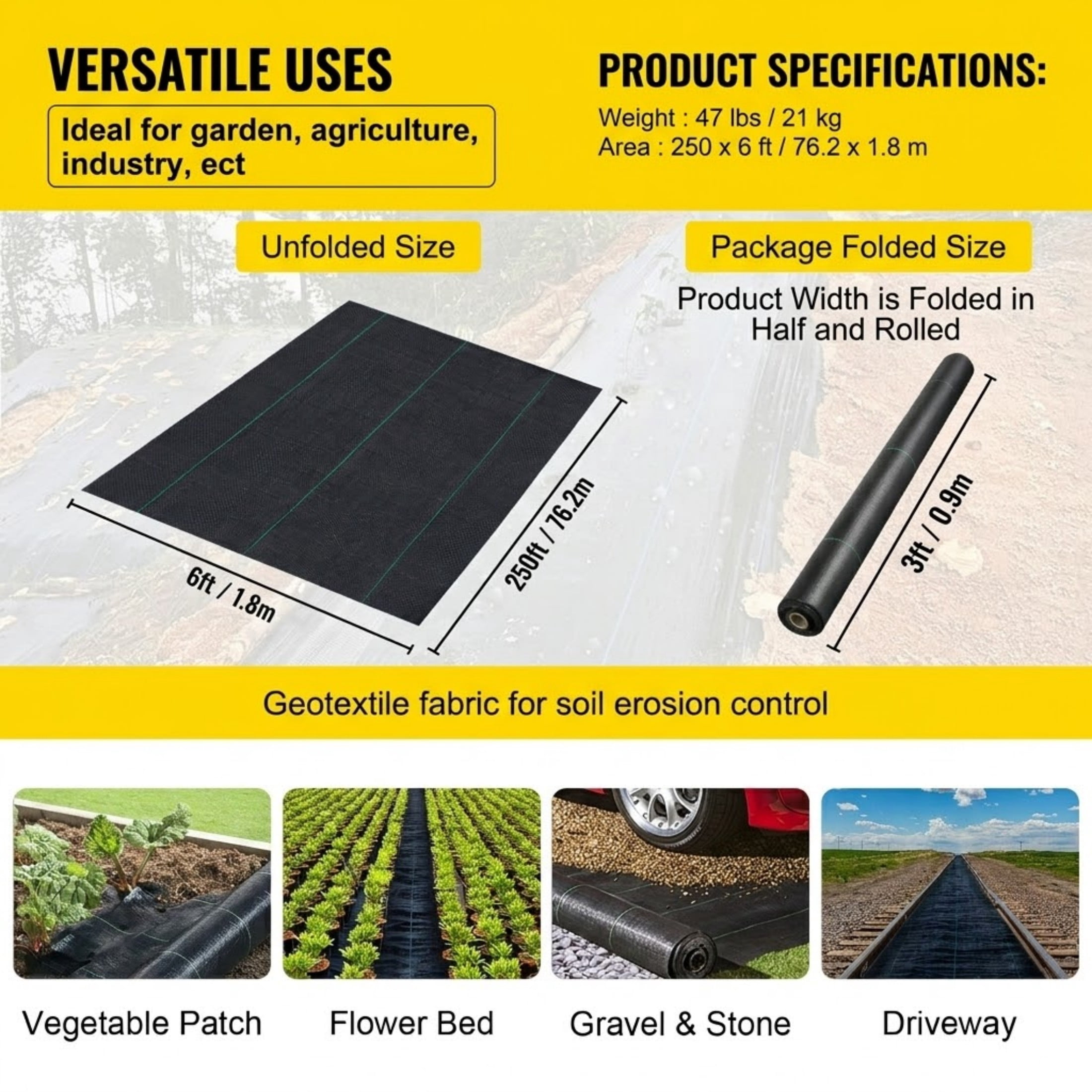 6 x 250 ft Weed Barrier Landscape Fabric, 4.1 Oz Heavy Duty Woven Ground Cover for Garden & Driveway, Black