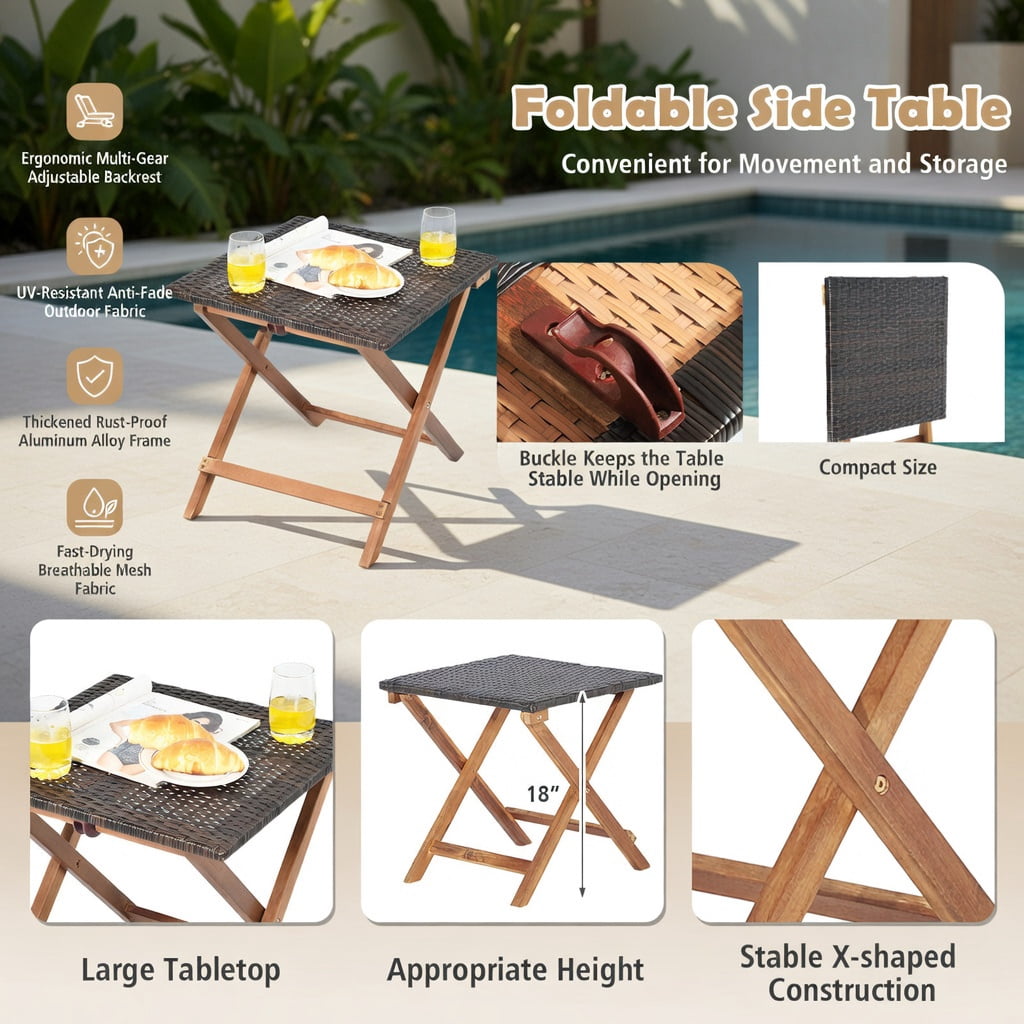 Hommoo 4-Position Adjustable Patio Chaise Lounge with Foldable Side Table, Heavy-Duty Acacia Wood & PE Rattan Outdoor Recliner Set for Backyard, Poolside, and Deck, Brown