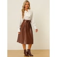 thumbnail image 2 of Falda de piel sintética para mujer Faldas midi elegantes con lazo en la cintura A-Line Marrón M, 2 of 6