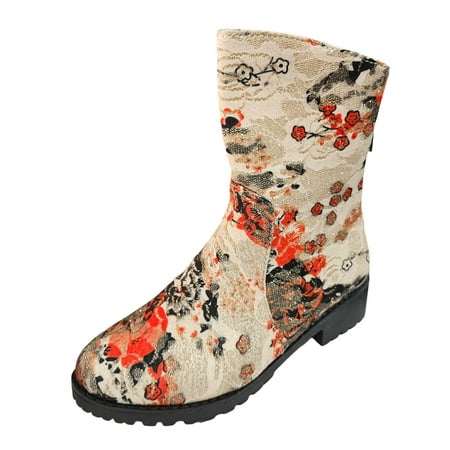 OJSFQUFP Women Ankle Boots Ladies Fashion Retro Flower Fabric Pointed Back Zipper Thick Heel Short Boots Comfortable Fall Shoes Women s Booties and Ankle Boots Red 39
