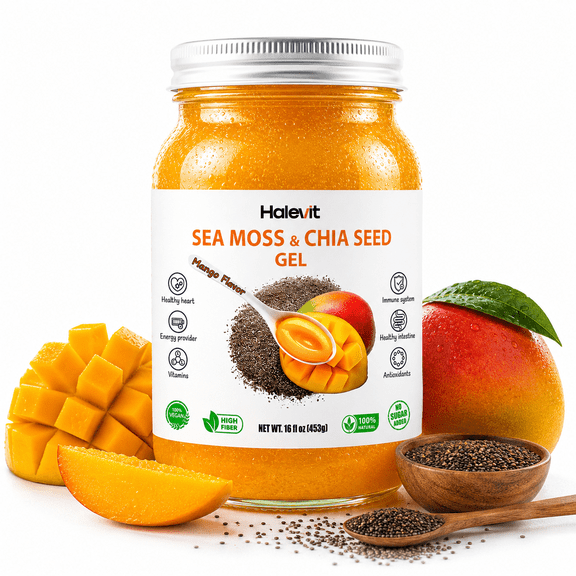 Halevit Wildcrafted Irish Sea Moss Gel Raw Sea Moss Supplement,Chia Seed,Mango Flavor, 16 Oz, Made in USA