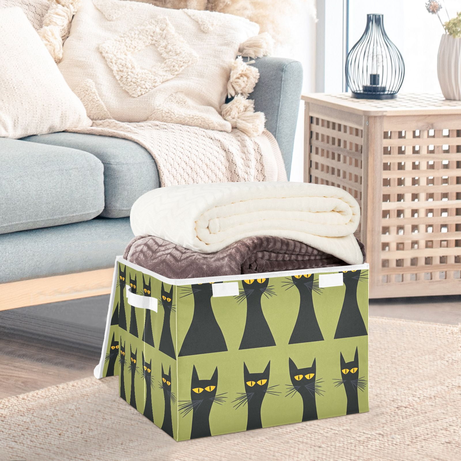 Black Cats and Green Storage Basket for Shelves Foldable Container Organizer for Organizing Toys Clothes Books with Handles