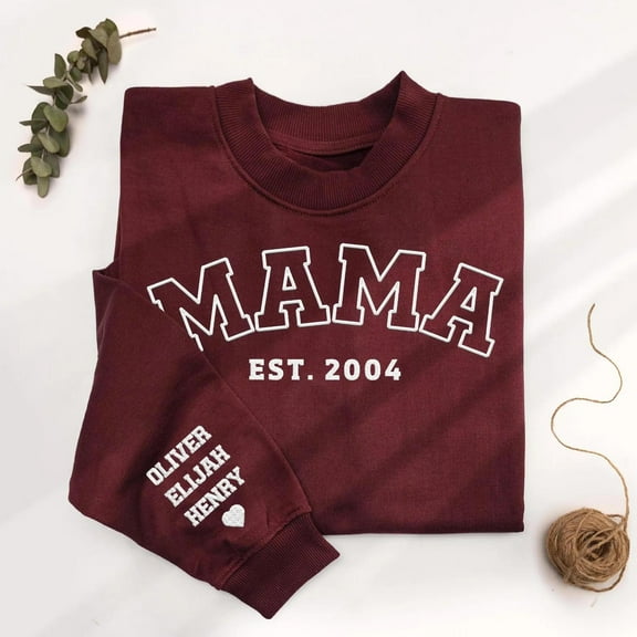 Custom Mama Sweatshirt with Kid Names on Sleeve, Personalized Mom Embroidered, Christmas, Unisex Sweatshirt LINHKHA