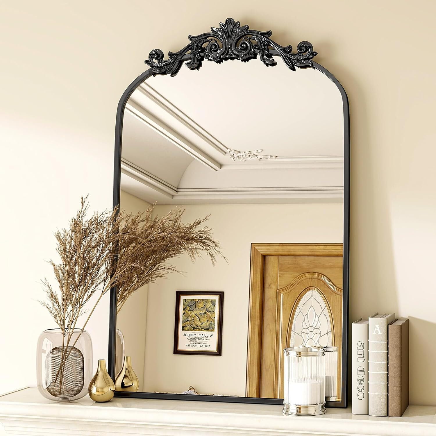 Lumora 26"x38" Arched Vintage Wall Bathroom Mirror, Black