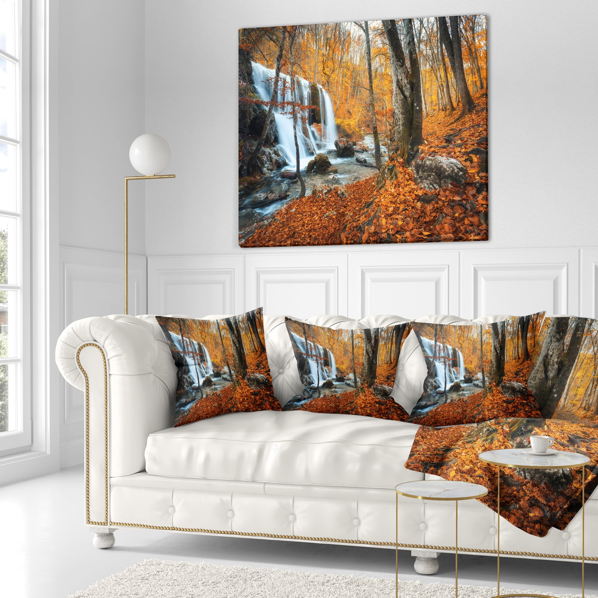 Designart Autumn Mountain Waterfall Close View - Landscape Photography Throw Pillow - 16x16