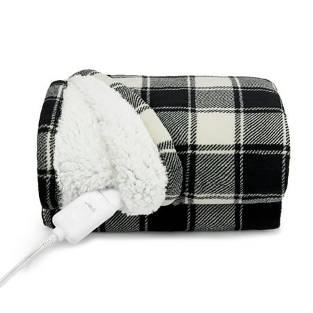 Sunbeam Throw White & Black Buffalo Plaid Microplush Sherpa/Faux Shearling  4 Heat Settings  4-Hour Auto Shut-Off  Electric Heated Blanket  50” x 60”