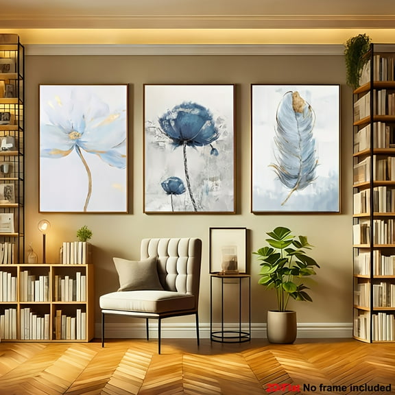 2D Flat, 3pcs Set Blue Floral & Feather Canvas Wall Art Prints - Modern Abstract Vertical Frameless Posters in Soft Blue, Golden, White & Black | Minimalist Bohemian Decor for Living Room, Bedroom,
