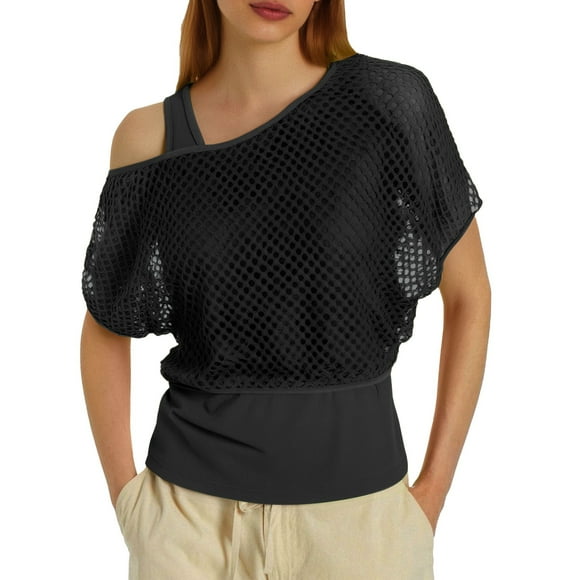 Women's T-Shirts Neon Fishnet Mesh Off Shoulder Tops for Women – Stylish 80s Fashion Statement Piece
