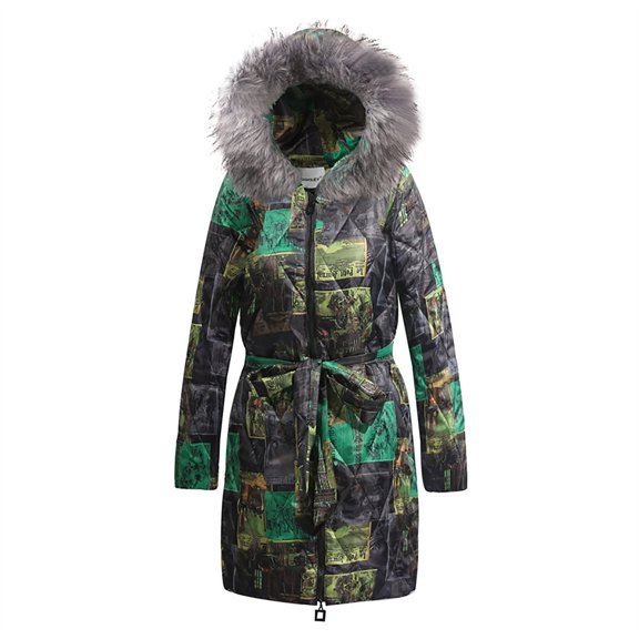 Viikei Winter Coats for Women Women Winter Warm Medium Length Large Print Vintage Style Hooded Cotton Jacket