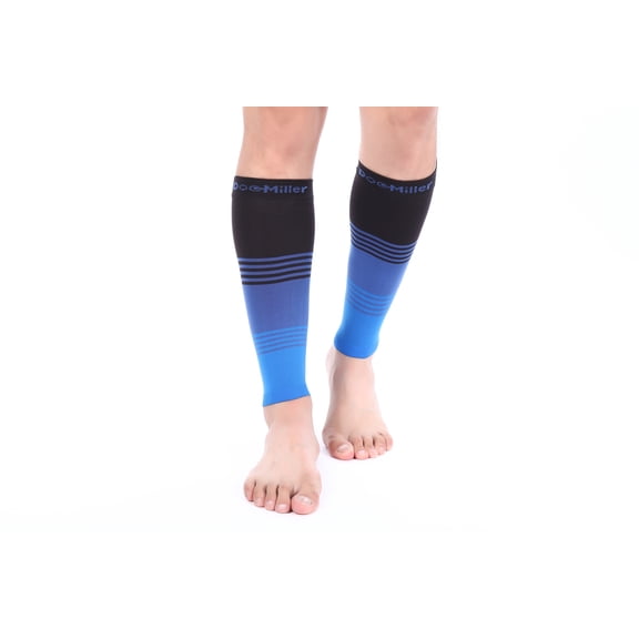 Calf Compression Sleeve for Women & Men, Footless 20-30 mmHg Support for Shin Splints, Varicose Veins, Nurses, Black/Blue/Blue, 3X-Large Size, 1 Pair