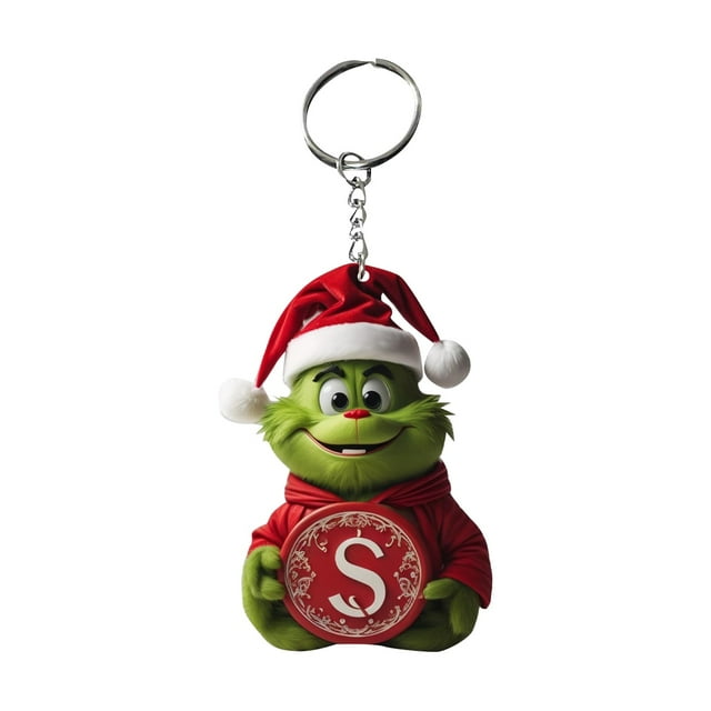 Clearance!Grinch Christmas Decorations Green Hair Keychain Initial Acrylic Pendant Decorative Gift Car Keychain Backpack Keychain