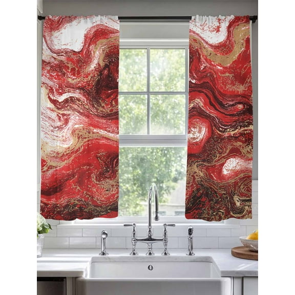 Abstract Fluid Sheer Curtains 63 Inches Long 2 Panels Vintage Gold Red Marble Texture Light Filtering Semi Sheer Window Curtains Drapes for Bedroom Living Room 52"x63"