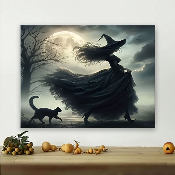 Gothic Witch Black Cat Moonlight Wall Art Print, Halloween Decor