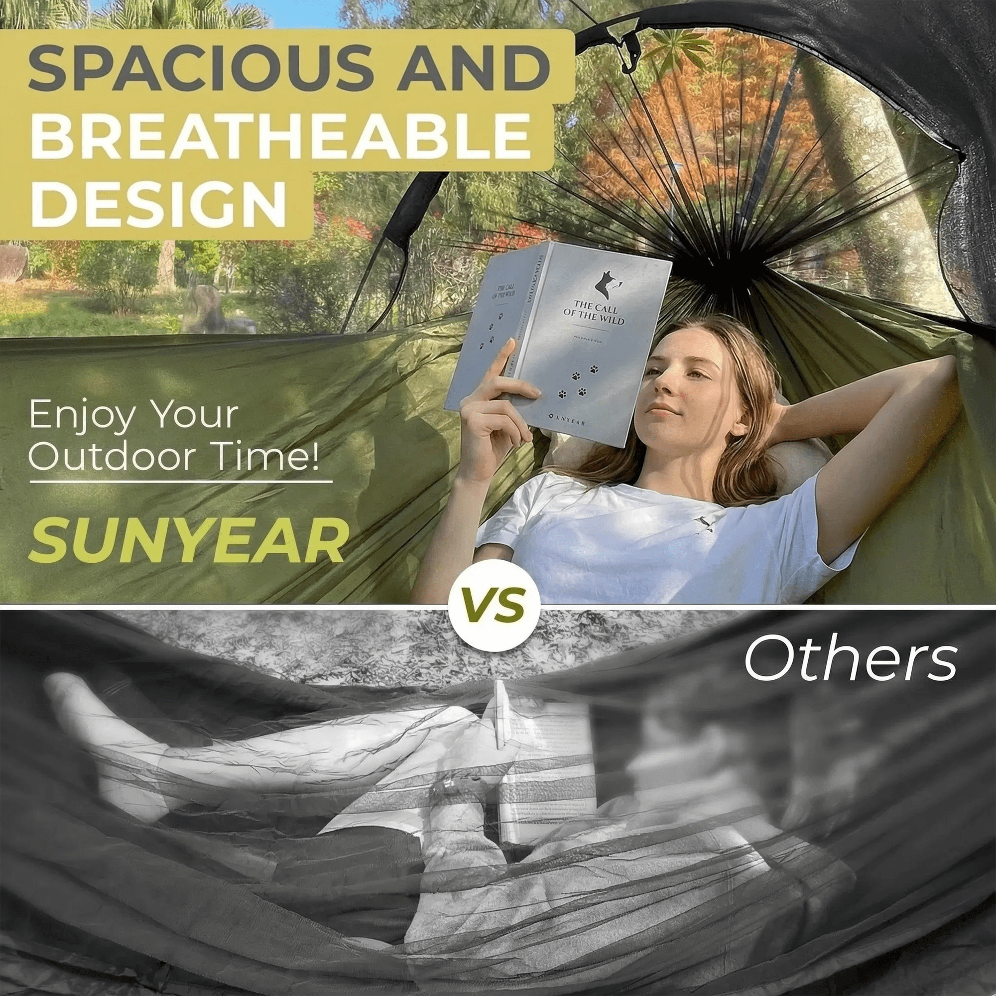 Sunyear Double & Single Camping Hammock with Tent-Like Mosquito Net & Aviation Aluminum Poles (NOT a Face-Hugging Net), Easy Setup 600lbs