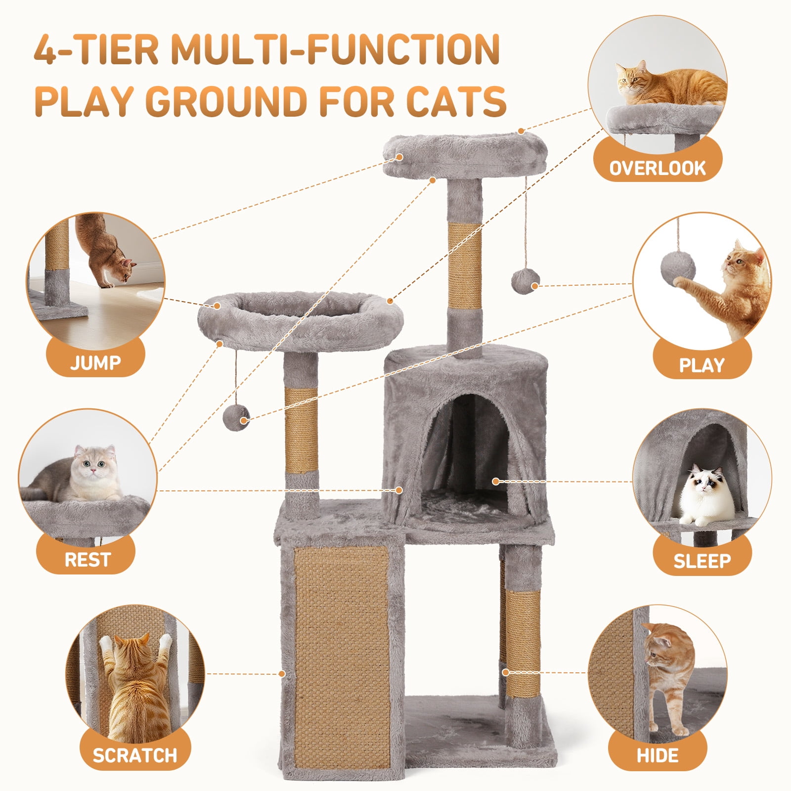 ZephyPaws 46in Cat Tree for Indoor Cats,Cat Tower with Scratching Post,Ramp,Perch,Cat Condo for Kittens,Elderly Cats,Light Gray