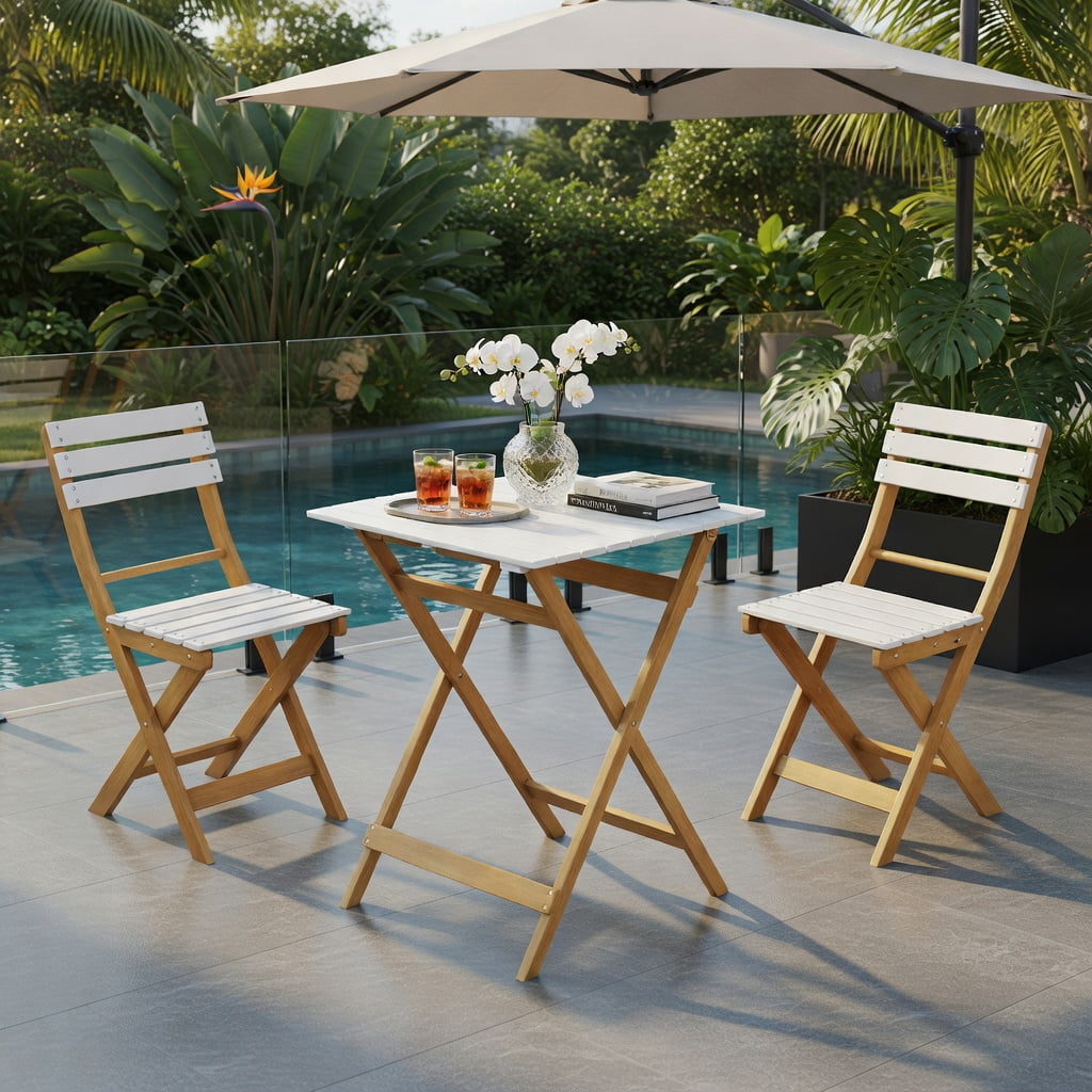 Hommoo 3-Piece Foldable Acacia Wood Patio Bistro Set, Outdoor Chairs + Square Table, Space-Saving Design for Porch, Deck & Garden, Natural