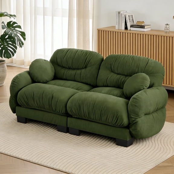 AENKYO 82" Modular Sofa, Cozy Chenille 2-Seater Loveseat w/ Pleated Design, Deep Seat Foam Couch & 2 Pillows, Green