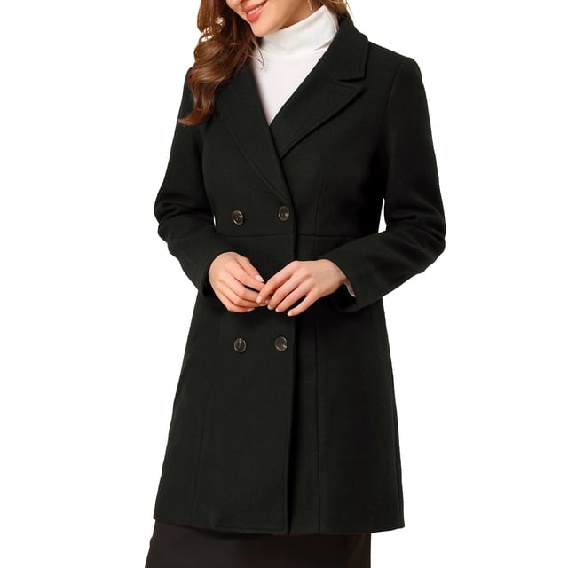 Abrigo largo de invierno de doble botonadura con solapa de muesca para mujer INSPIRE CHIC M Negro