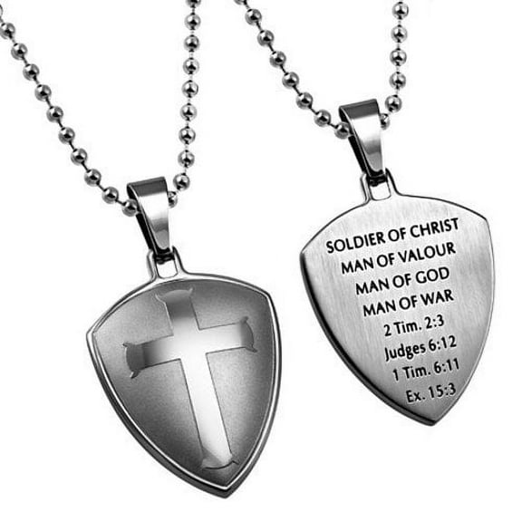 Shield Cross 2 Timothy 2:3 Christian Dog Tag, Stainless Steel with Bead Chain