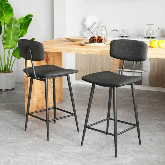 Counter Height Bar Stools Set of 2, 25.6 Inch Modern Faux Leather Kitchen Island Chairs with Back and Metal Leg, Upholstered BarStools, Black