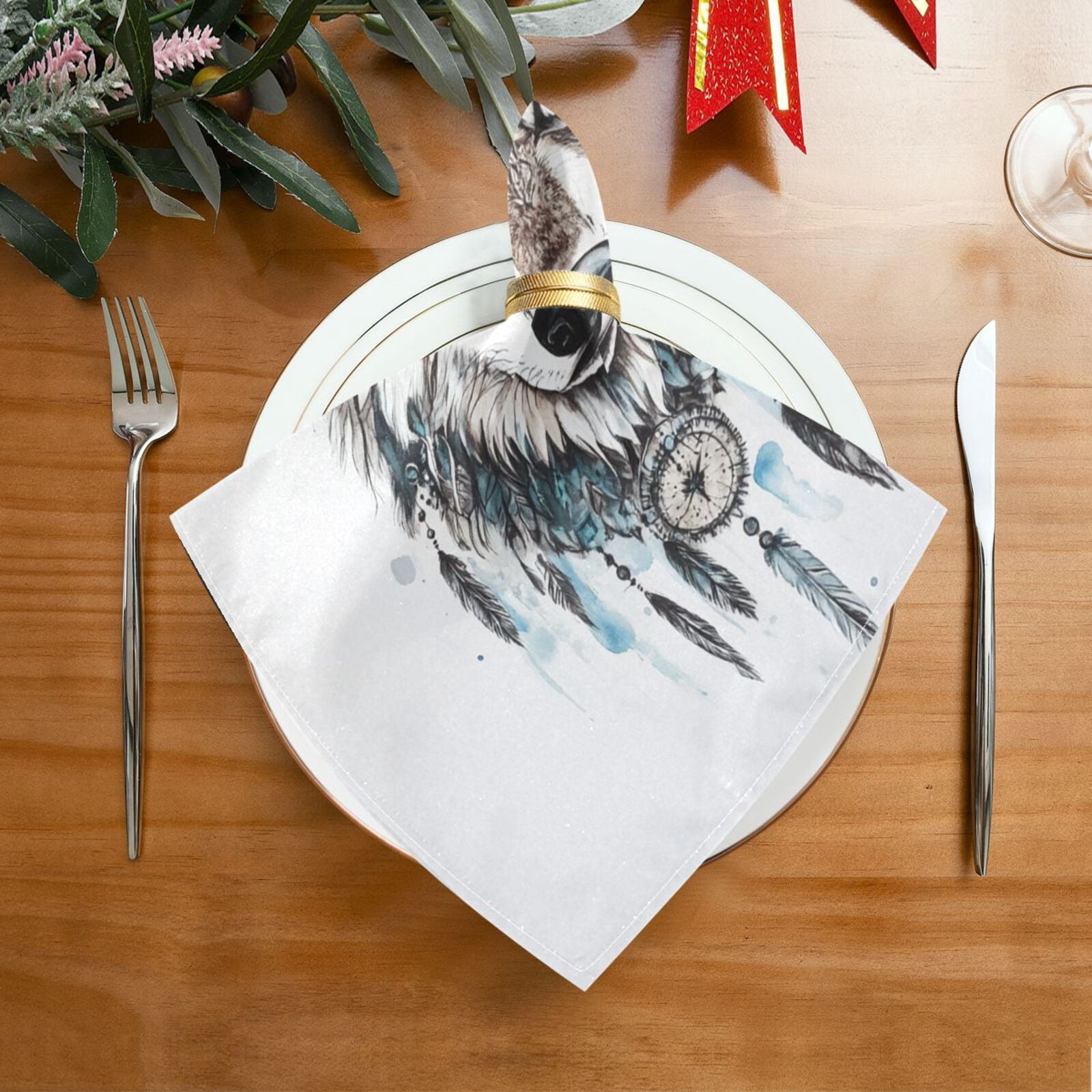 JSTEL Boho Wolf Head Hand Draw Cloth Napkins Set of 6, 20x20 Inch Washable and Reusable Napkin for Decoupage Dinner Party Everyday Use