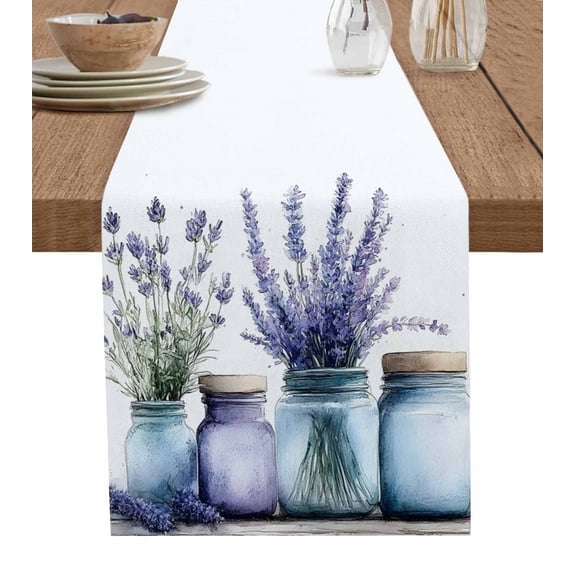 Spring Lavender Table Runner 70 Inches, Botanical Watercolor Purple Floral Vase Bed Runner Dresser Scarves Tabletop for Indoor Outdoor Parties/Ceremony/Banquet, 13" x 70"