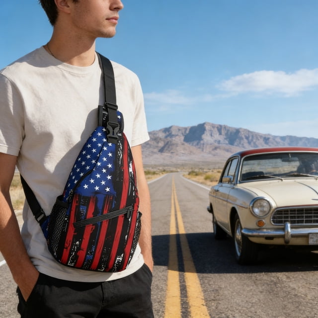 Bandolera patriótica Bolsa de pecho • Diseño de rayas estelares del Día de la Independencia • Mochila ajustable antirrobo en el hombro • Viajes, deportes, exterior, casual