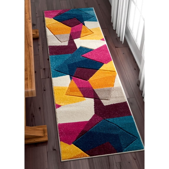 Well Woven Strata Squares Multi Blue Purple Fuchsia Yellow Orange Modern Geometric Hand Carved 2x7 (2' x 7' Runner) Area Rug Easy to Clean Stain & Fade Resistant Thick Soft Plush