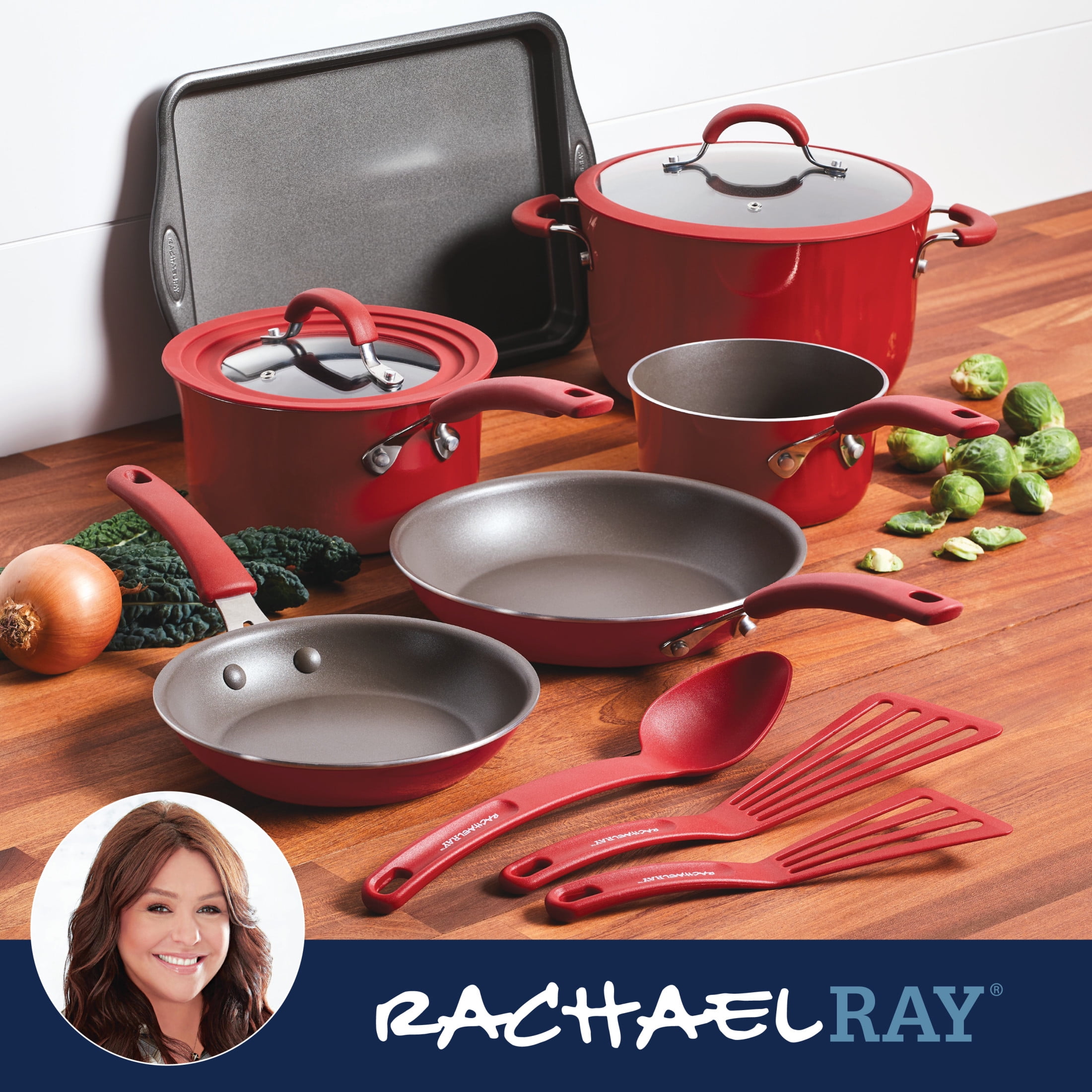 Rachael Ray Cook + Create 11 Piece Aluminum Nonstick Pots and Pans, Red