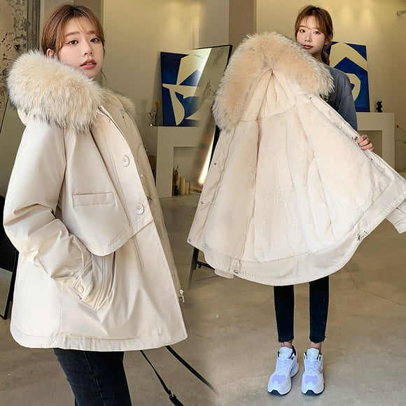 IROINID Women's Winter Warm Mid-Length Coat Solid Color Parka Long Sleeve Outwear, Beige