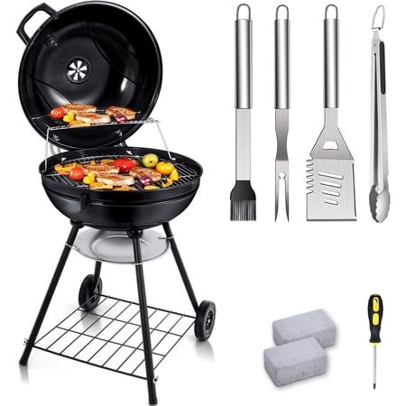 22-in Charcoal Grill & BBQ Accessories(18Pcs), Joyfair Outdoor Camping Kettle Smoker, Enamel Coating & Premium Iron Grill, Melting Dome with Whole Set Grilling Tools For Barbecue Smoking Cooking