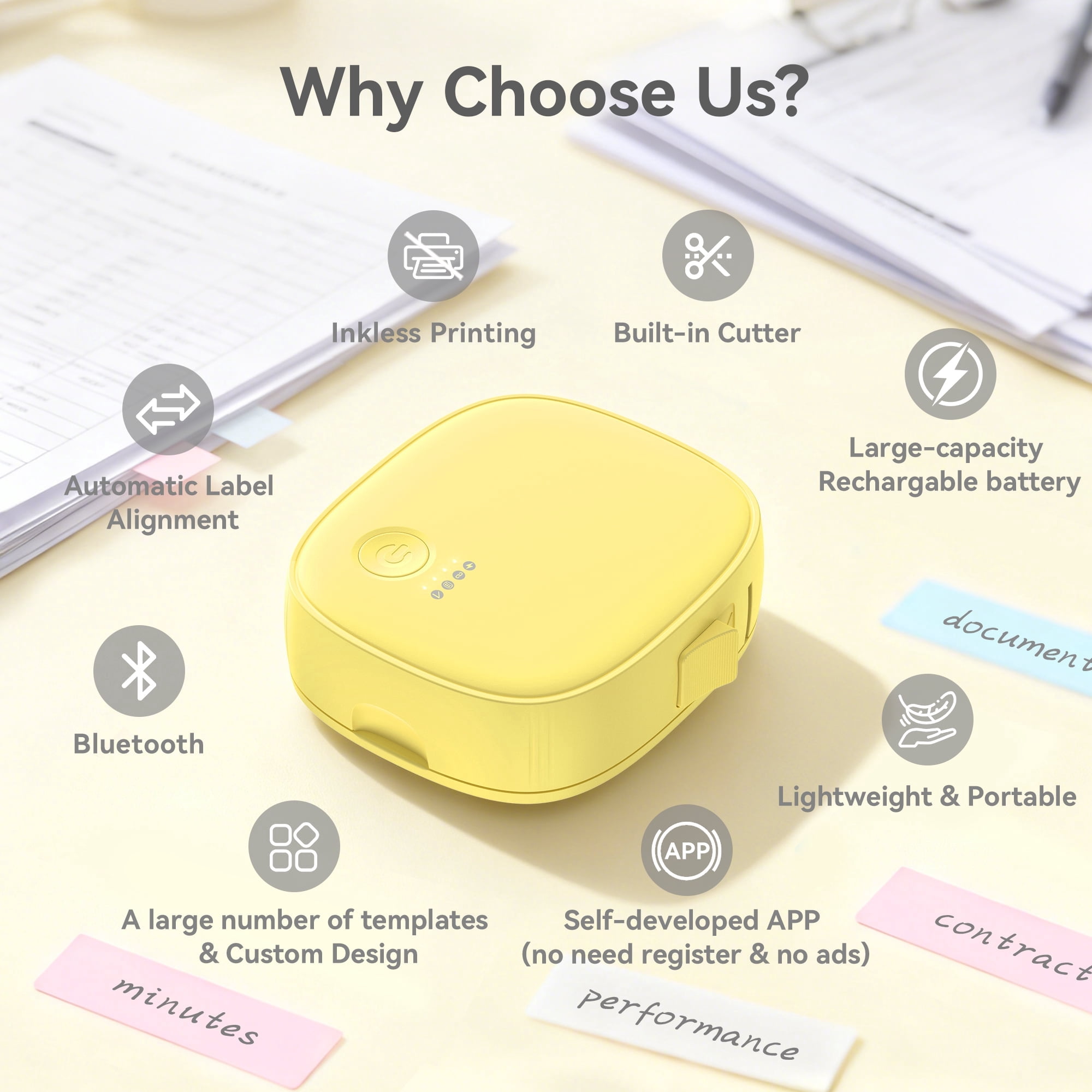 Blozor Mini Label Maker AH-P05 Portable Inkless Bluetooth Small Label Printer Wireless Thermal Label Maker with Tape for Home, Office, Kitchen, School , Storage (Yellow)