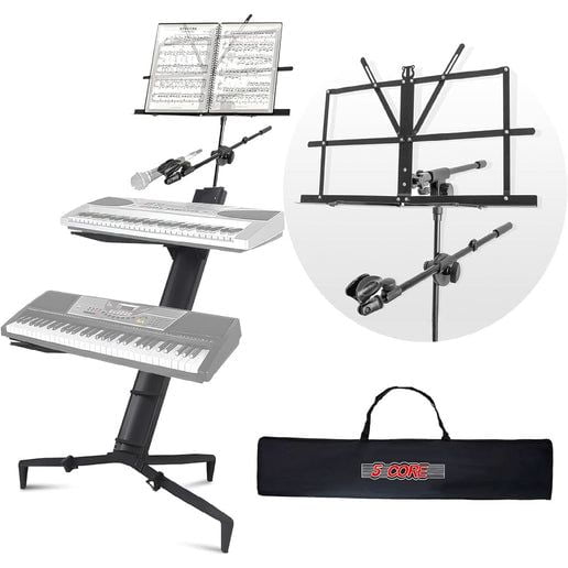 2 Tier Heavy Duty Multi Functional Portable Music Stand Digital Keyboard Stand Extension Adapter Telescopic Arm Mic Stand Height with Adjustment Bag Included,Black