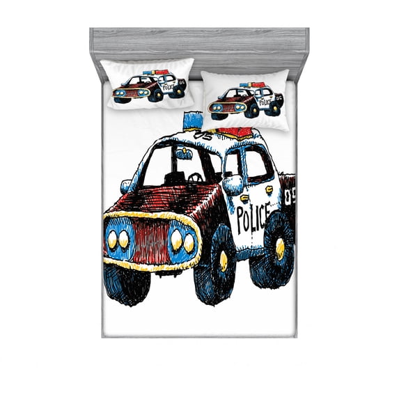 Ambesonne Cartoon Fitted Sheet & Pillow Sham Set, Sketchy Police Car, Full, Red Yellow and Blue