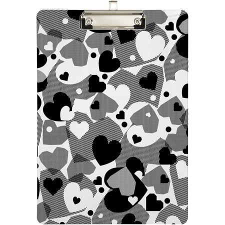 Wellsay Clipboard for Classrooms Office Black and White Hearts Plastic Clipboard Standard Letter Size A4 Clipboard with Low Profile Metal Clip Decorative Clip Boards for Teachers