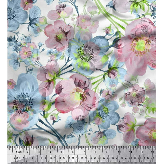 Soimoi Orange Japan Crepe Satin Fabric Pink Floral Print Fabric by The Yard 42 Inch Wide