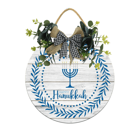 Eveokoki Happy Hanukkah Front Door Sign Funny Wreaths Hanging Wooden Plaque Decoration Round Rustic Wood Farmhouse Porch Decor for Home Front Door Decor, 11 x 11 Inch