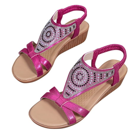 

KIJBLAE Women Summer Sandals Bohemian Style Beaded Sandals Wedges Platform Sandals Open Toe Shoes Ladies Sandals Plus Size Hot Pink 42