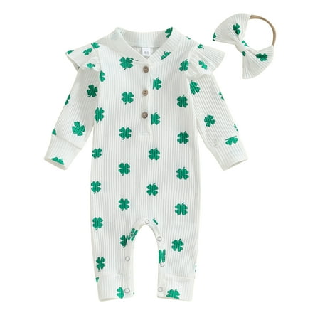 

Mevireiy Baby Girls Jumpsuit Ribbed Knit Shamrock Print Long Sleeve Button Romper Pants White 6-12 Months