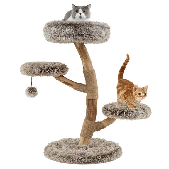 Costway Modern Cat Tree with Pear Wood Trunks Scratching Posts Soft Long Plush Fabric