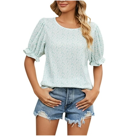 

Clearance Hfyihgf Floral Print Blouses for Women Summer Crewneck Smocked Puff Sleeve Shirts Casual Tunics Babydoll Tops(Army Green XL)