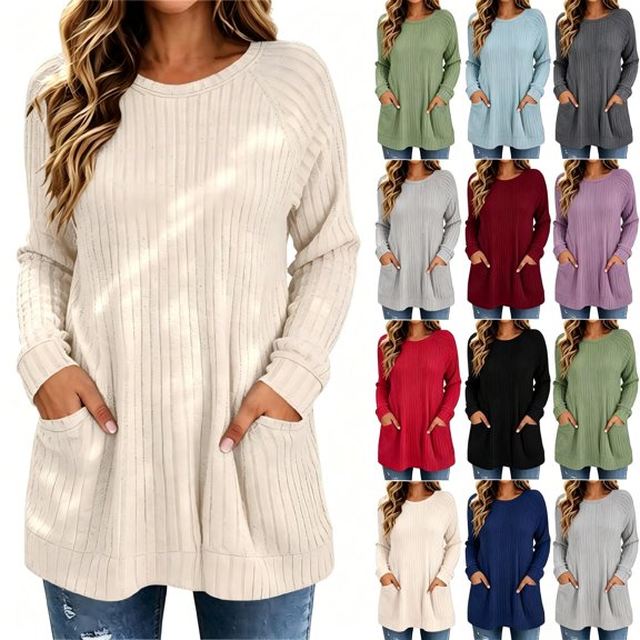 Tqcoqu Women's Long Length Ribbed Knit Round Neck Tunic Top with Pockets,Oversized Casual Shirt,2026 Fall Winter Trendy Clothes,Beige Women's S-XXL