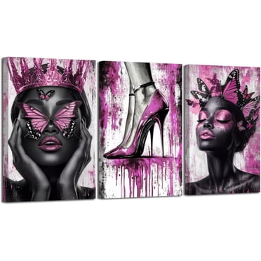 Hieng 3 Pieces Black Woman Wall Art Queen and Butterfly Pictures African American Canvas Prints Crown Poster High Heel Paintings for Bedroom Decor Unframed