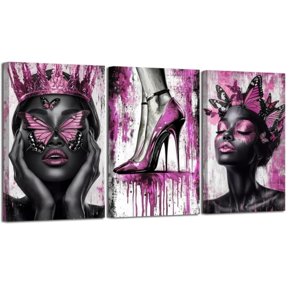 Hieng 3 Pieces Black Woman Wall Art Queen and Butterfly Pictures African American Canvas Prints Crown Poster High Heel Paintings for Bedroom Decor Unframed
