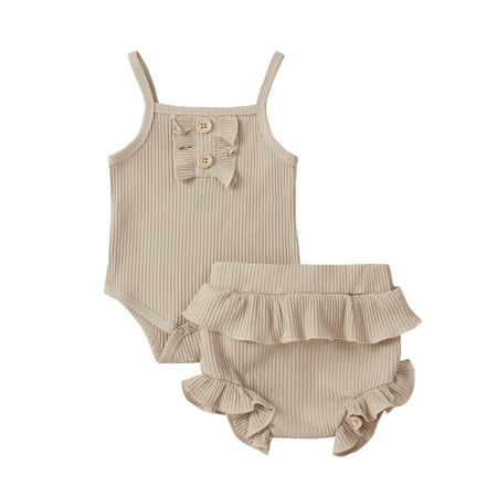 

ZHUASHUM Baby Girl Sleeveless Solid Romper Bodysuit+Ruffles Shorts Outfits