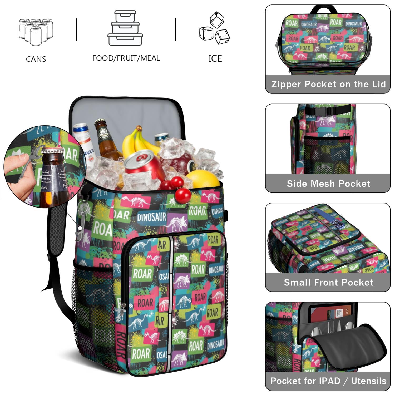 Travel Cooler Bag - Colorful Dinosaurs Skeletons Text Pattern Camping Beer Cooler Backpack with Bottle Opener- Waterproof Insulated Picnic Backpacks - Cooler Bag for Beach