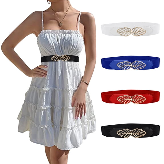 Helii Women Vintage Wide Elastic Waist Belt with Leaf Buckle for Dresses Sweater Coat