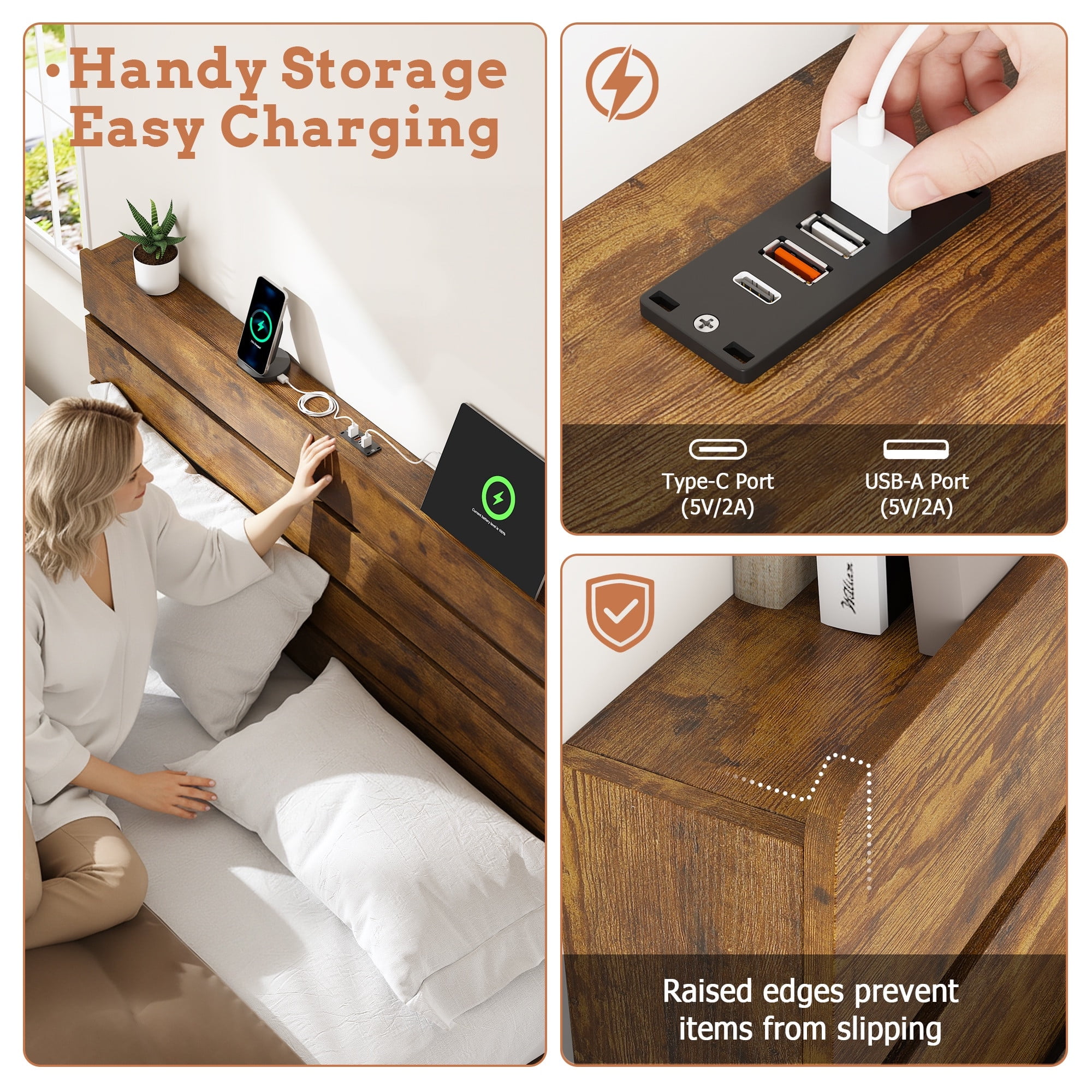 Wood Queen Bed Frame with Headboard, Holaki Rustic Farmhouse Platform Bed Frame with USB Port & LED Lights, Heavy-Duty Wood & Metal Frame, No Box Spring Needed, Easy Assembly