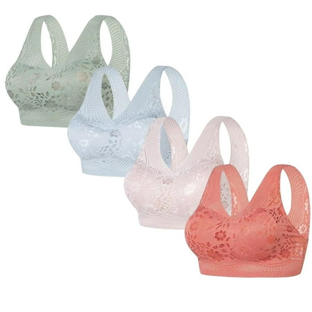REORIAFEE Wireless Bras for Women 4PC Gathered Together Wirefree Bras Floral Brassiere Comfy Wide Strap Breathable Corset Underwear Comfortable Classic Support Lingerie Pink L