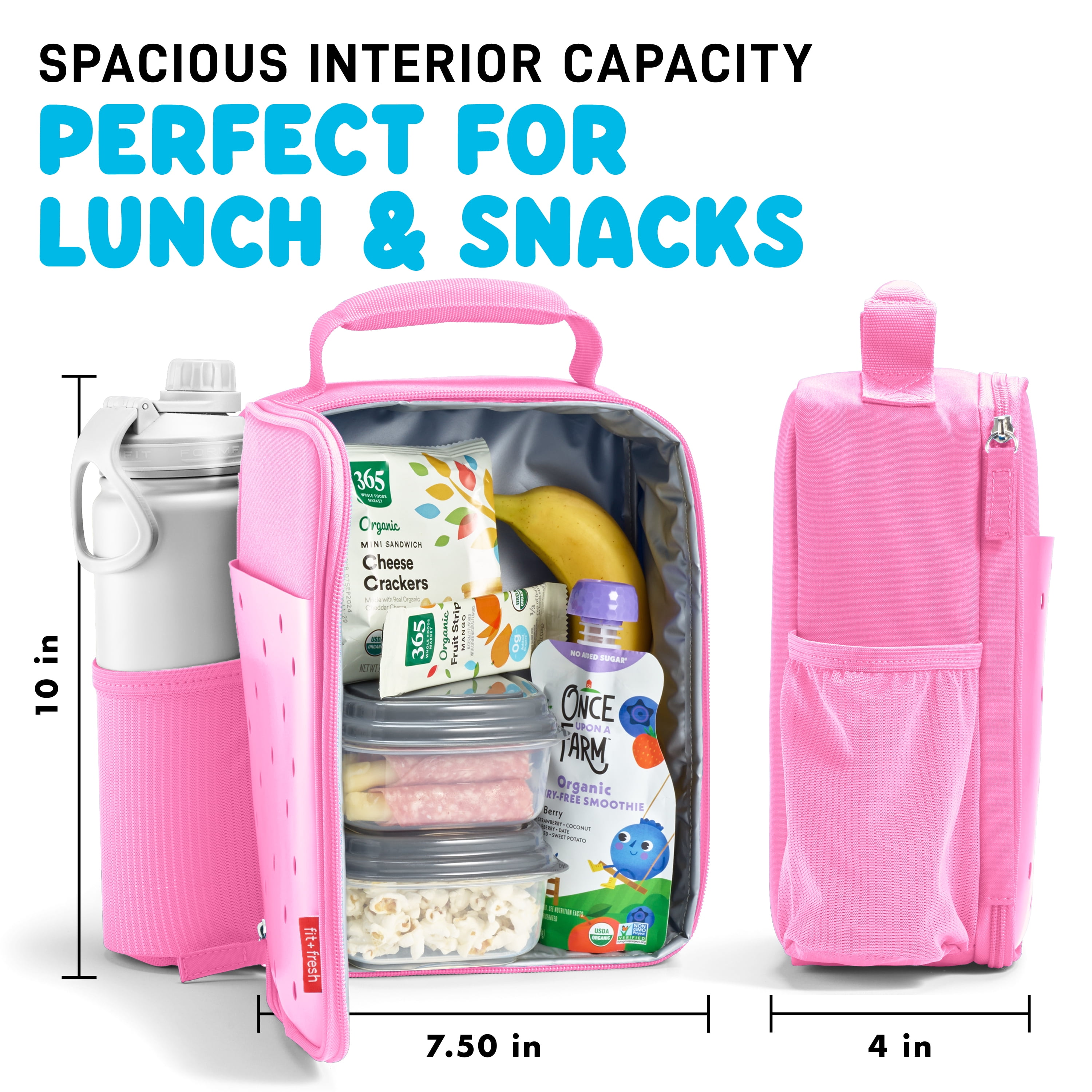 Fit + Fresh Charm Insulated Lunch Bag For Kids, Boys+Girls With Shoe Charm Slots, Pink
